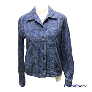 Vintage 90s Evolution cropped blue green plaid flannel Grunge Shirt Size S